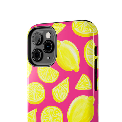 Bright Yellow Lemons Watercolor Illustrated Tossed Pattern Watermelon Pink Tough Phone Case | Various Models