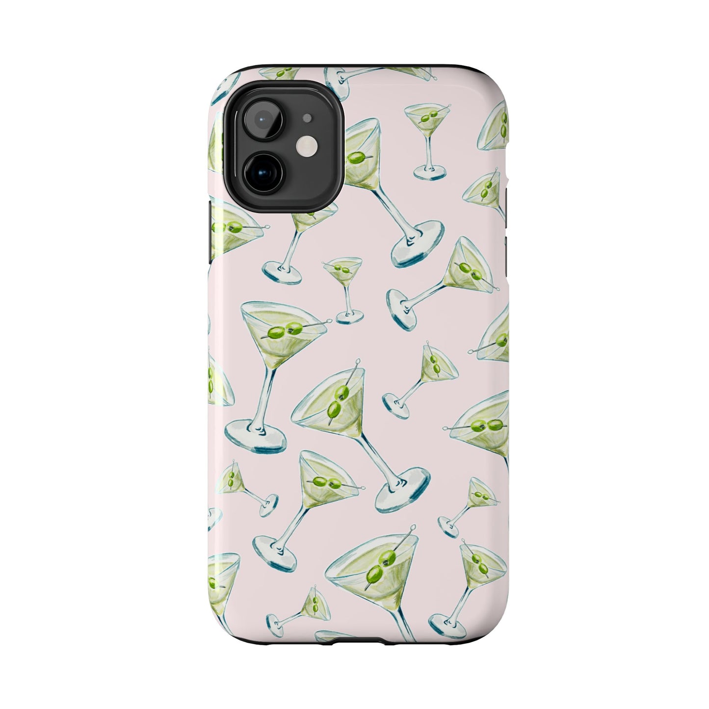 Watercolor Blue and Green Martinis Tossed Illustrated Pattern Blush Pink Tough Phone Case | Various Models