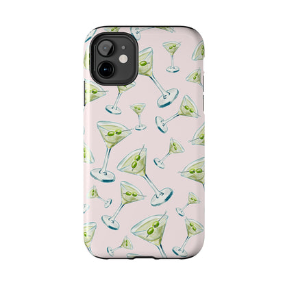 Watercolor Blue and Green Martinis Tossed Illustrated Pattern Blush Pink Tough Phone Case | Various Models