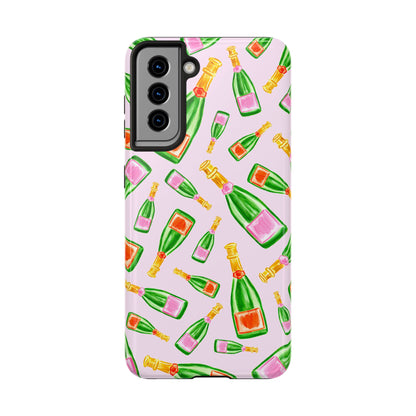 Tossed Pink and Green & Orange and Green Watercolor Illustrated Champagne Bottles Pattern Blush Pink Tough Phone Case | Various Models