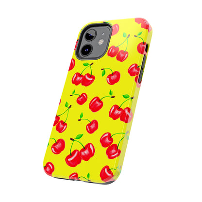 Tossed Red Watercolor Cherries Illustrated Pattern Bright Yellow Tough Phone Case | Various Models