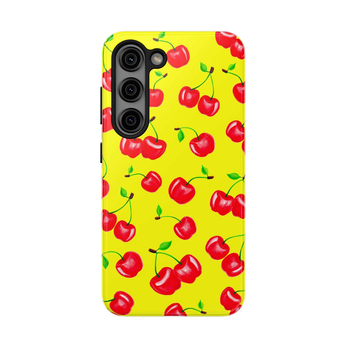 Tossed Red Watercolor Cherries Illustrated Pattern Bright Yellow Tough Phone Case | Various Models