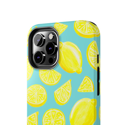 Bright Yellow Lemons Watercolor Illustrated Tossed Pattern Turquoise Blue Tough Phone Case | Various Models