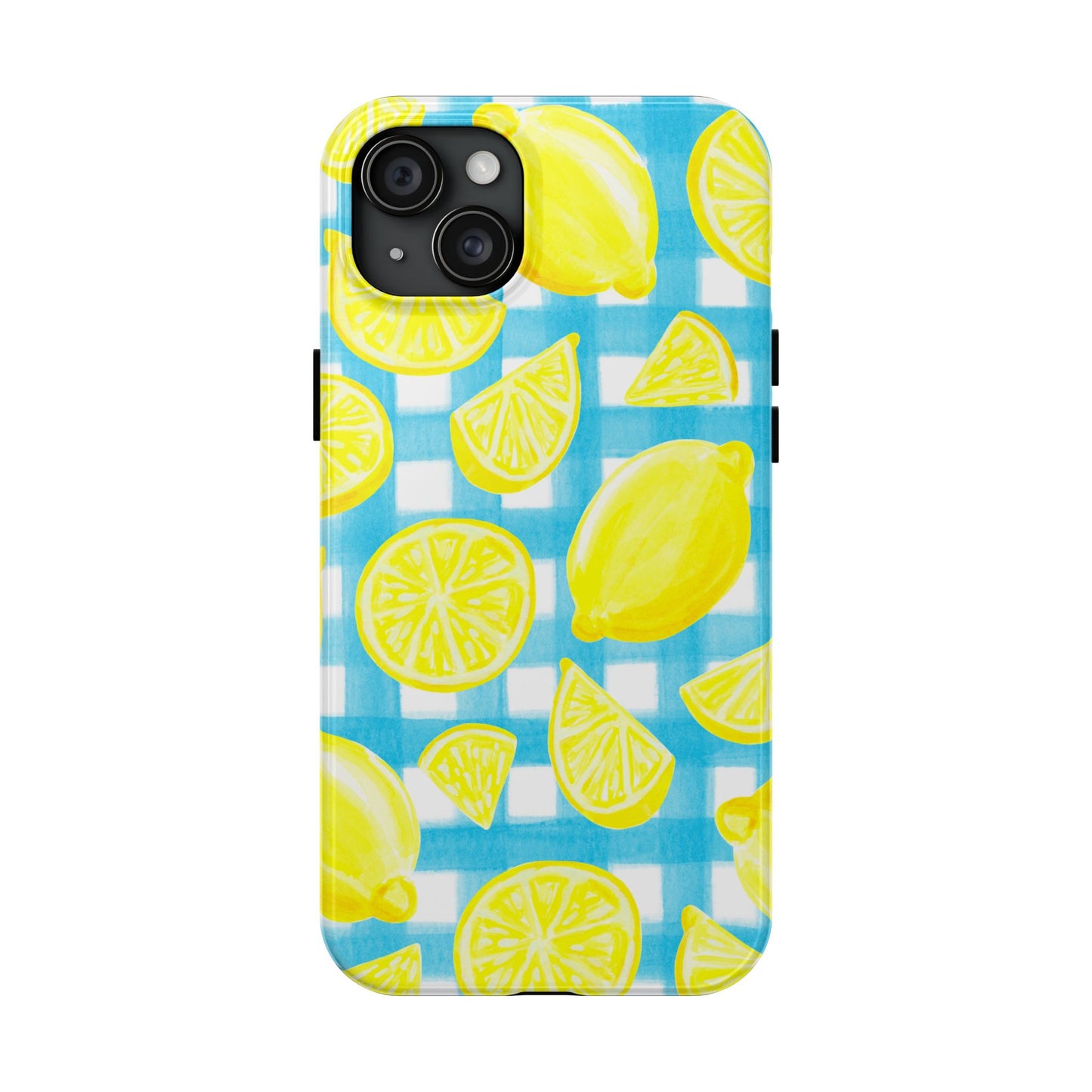 Yellow Lemons & Turquoise Gingham Watercolor Illustrated Tough Phone Case | Various Models Available
