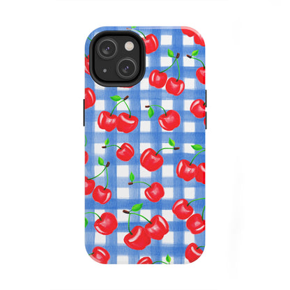 Tossed Red Watercolor Illustrated Cherries Light Blue Gingham Tough Phone Case | Various Models