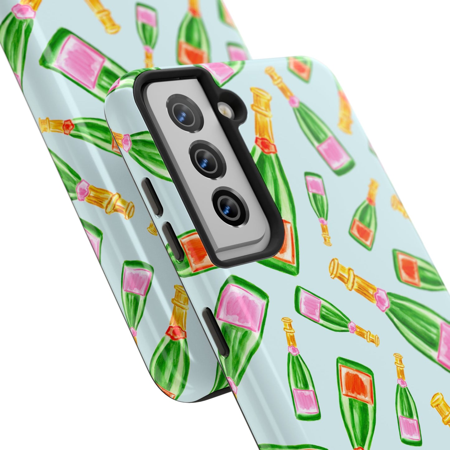 Tossed Pink and Green & Orange and Green Watercolor Illustrated Champagne Bottles Pattern Light Blue Tough Phone Case | Various Models