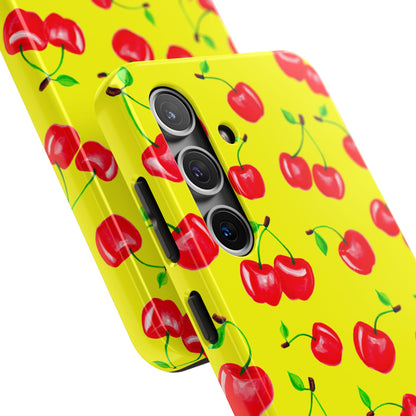 Tossed Red Watercolor Cherries Illustrated Pattern Bright Yellow Tough Phone Case | Various Models