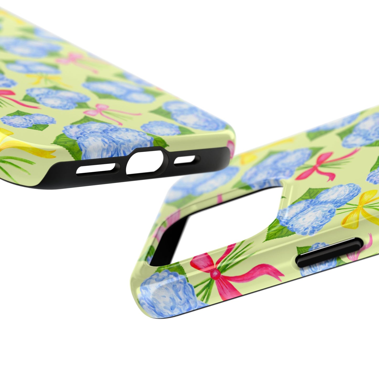Blue Watercolor Hydrangea Bunches with Hot Pink, Yellow, Light Pink Bows Illustrated Patterned Yellow Tough Phone Case | Various Models