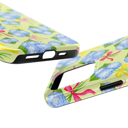 Blue Watercolor Hydrangea Bunches with Hot Pink, Yellow, Light Pink Bows Illustrated Patterned Yellow Tough Phone Case | Various Models