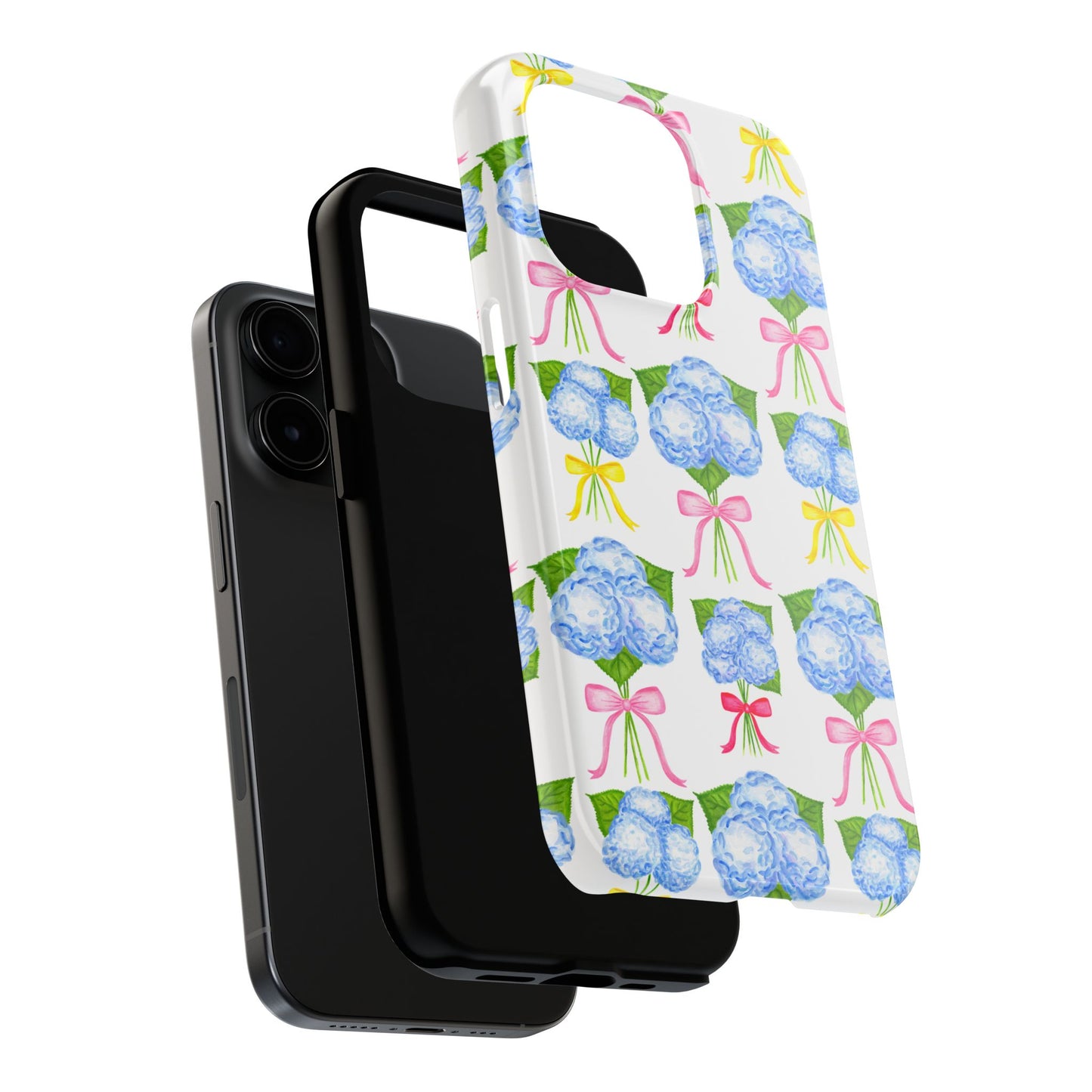 Blue Hydrangeas with Hot Pink, Yellow, Light Pink Bows Watercolor Illustrated Patterned Tough Phone Case | Various Models
