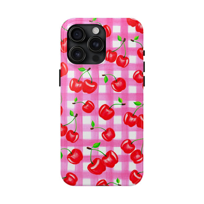 Tossed Red Watercolor Cherries Illustrated Pattern Light Pink Gingham Tough Phone Case | Various Models