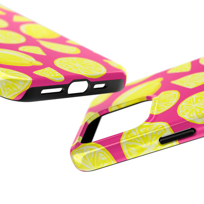 Bright Yellow Lemons Watercolor Illustrated Tossed Pattern Watermelon Pink Tough Phone Case | Various Models