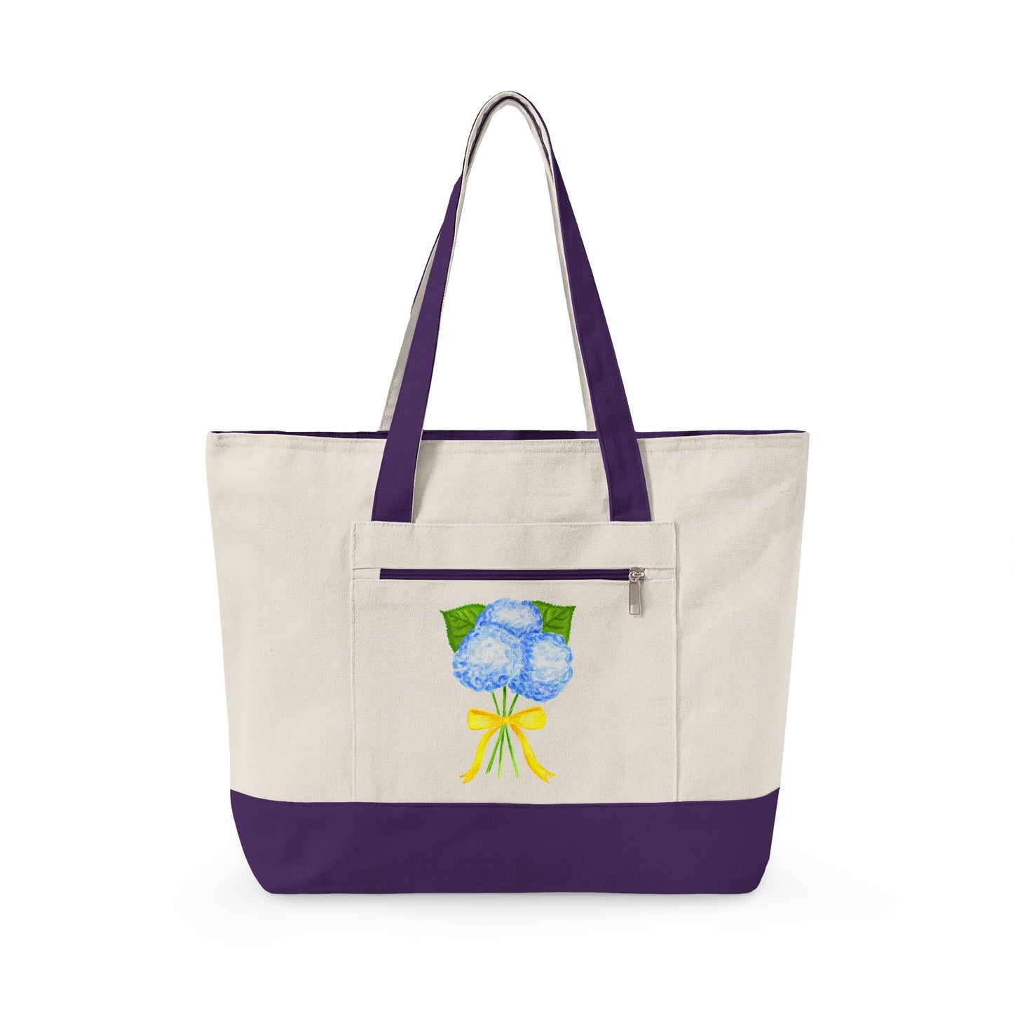 Blue Watercolor Hydrangeas with Yellow Bow Illustration Printed Zippered Canvas Tote 18" x 14" | Various Colors