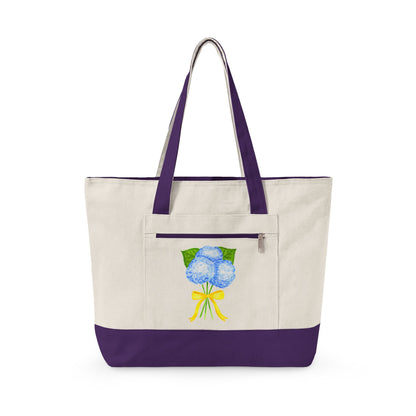 Blue Watercolor Hydrangeas with Yellow Bow Illustration Printed Zippered Canvas Tote 18" x 14" | Various Colors