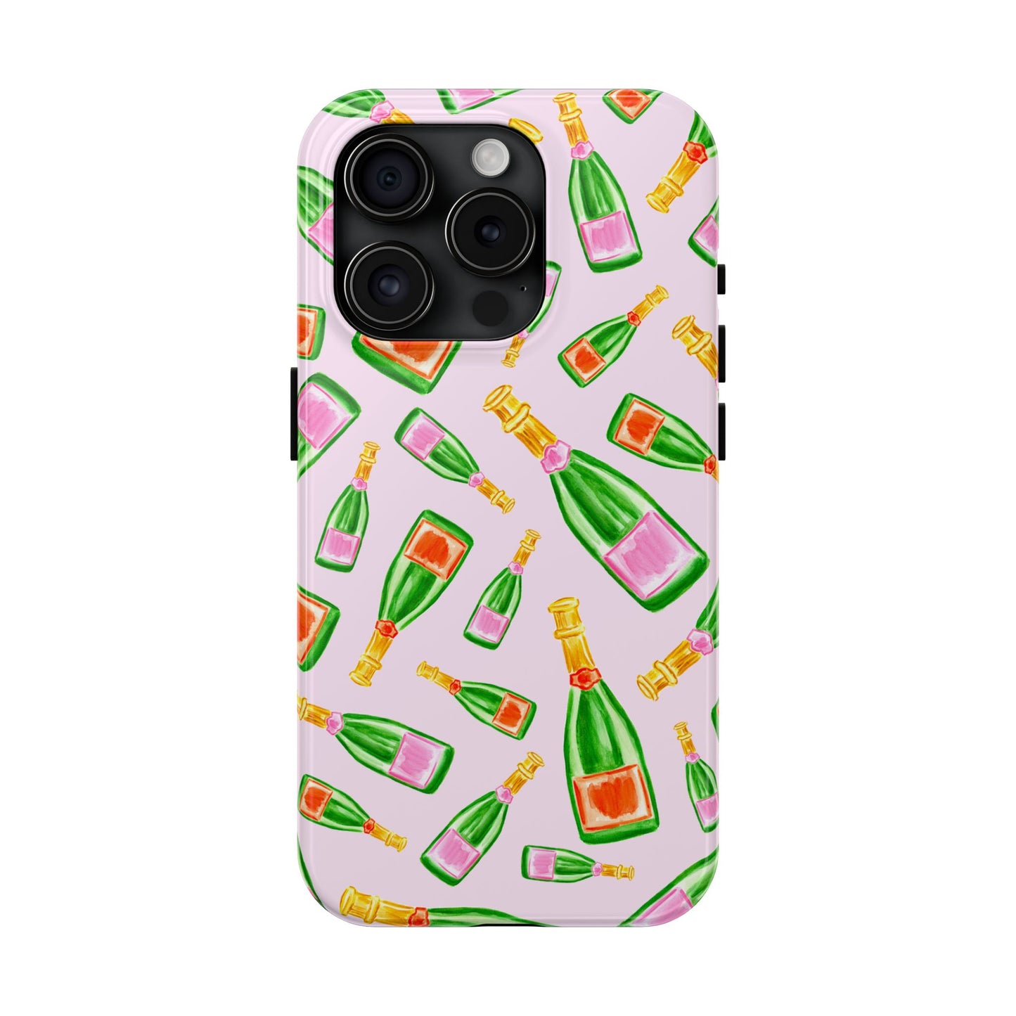 Tossed Pink and Green & Orange and Green Watercolor Illustrated Champagne Bottles Pattern Blush Pink Tough Phone Case | Various Models