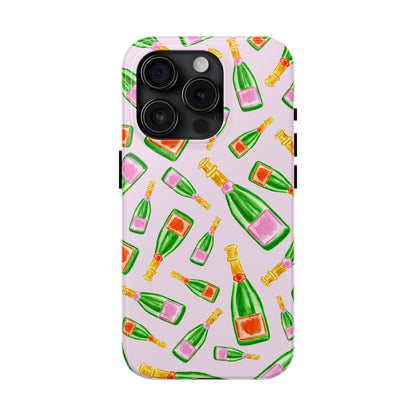 Tossed Pink and Green & Orange and Green Watercolor Illustrated Champagne Bottles Pattern Blush Pink Tough Phone Case | Various Models