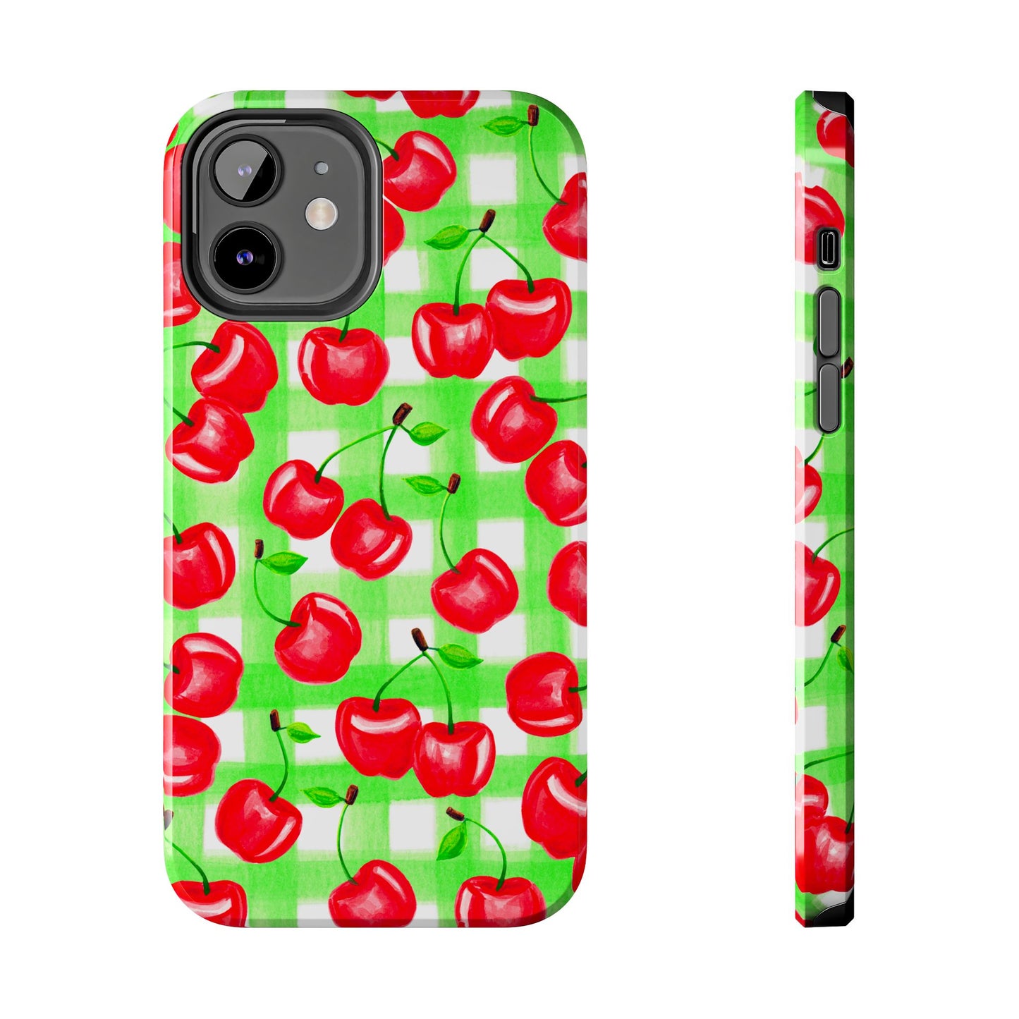 Red Tossed Cherries Green Gingham Watercolor Illustrated Tough Phone Case | Various Models Available