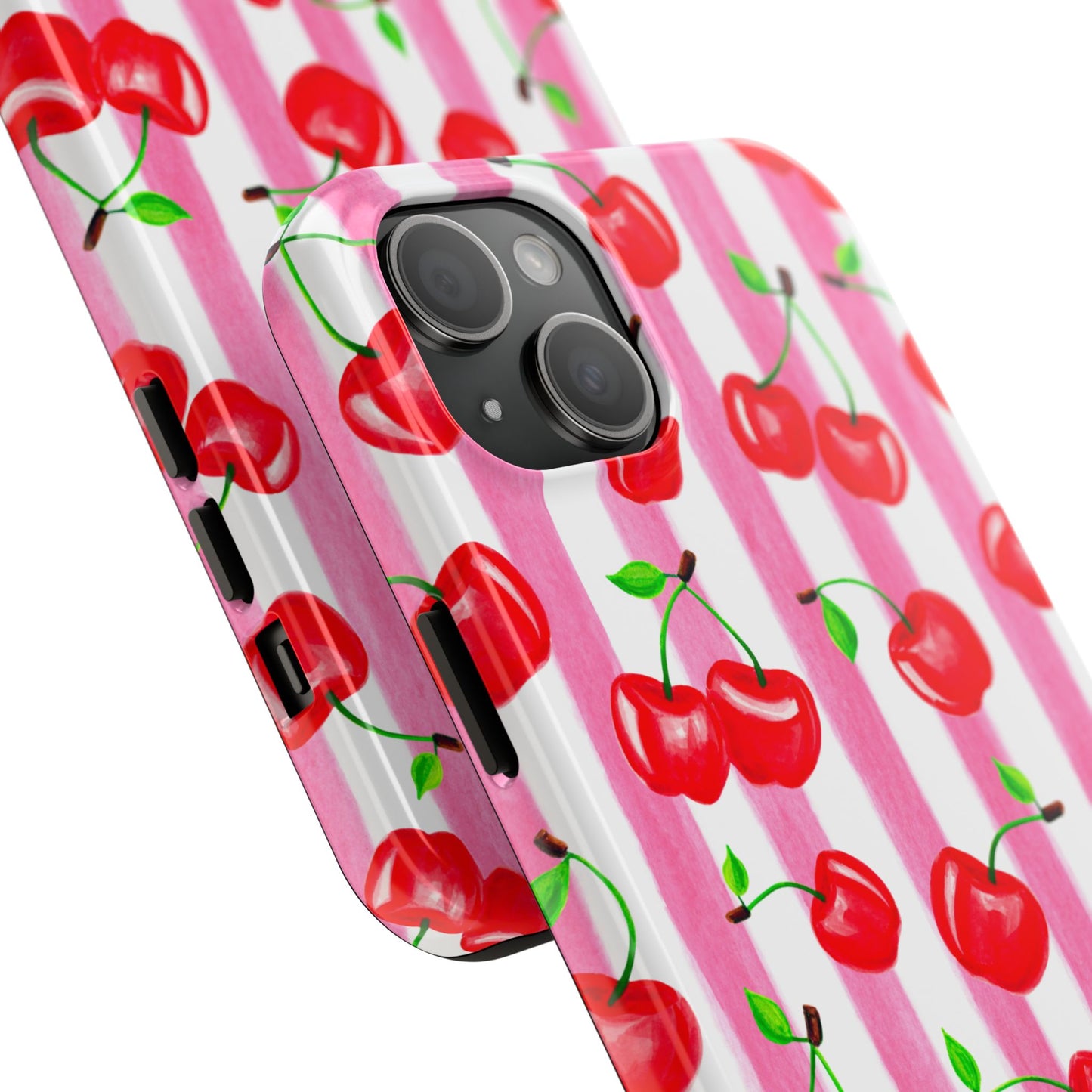 Tossed Red Watercolor Cherries Illustrated Pattern Light Pink Stripes Tough Phone Case | Various Models