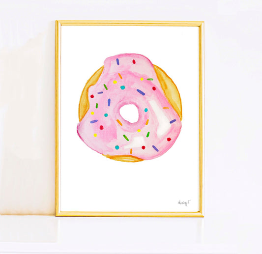 Pink Watercolor Donut Print Poster | Sweet Treats Decor | Dessert Decor Pink Donut Wall Art Print | Dessert Artwork Painting | Dorm Decor