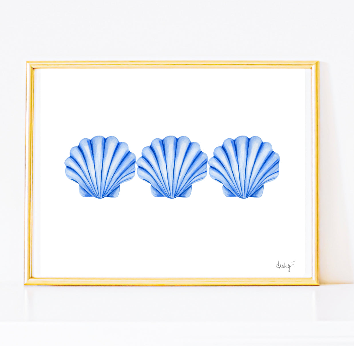 Print | Blue Clam Scallop Seashell Watercolor Trio | Preppy Ocean Coastal New England Beach House  Nautical Wall Decor Grand Milllenial