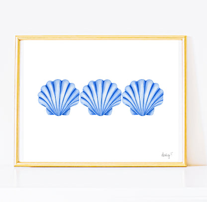 Print | Watercolor Blue Scallop Seashell Trio