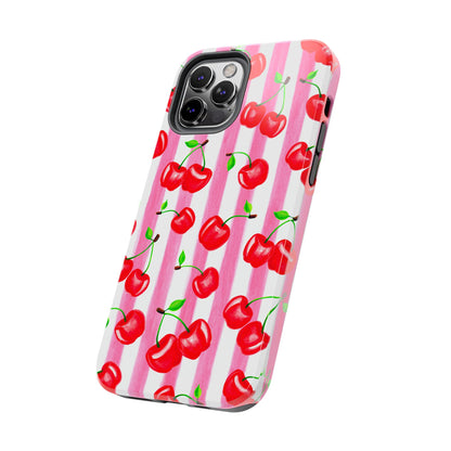 Tossed Red Watercolor Cherries Illustrated Pattern Light Pink Stripes Tough Phone Case | Various Models