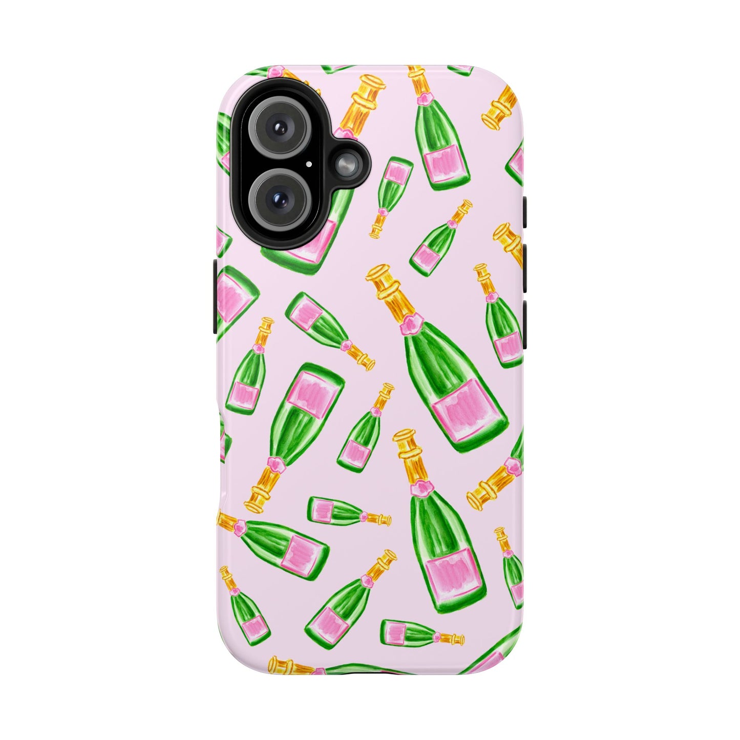 Tossed Pink and Green Watercolor Illustrated Champagne Bottles Pattern Blush Pink Tough Phone Case | Various Models