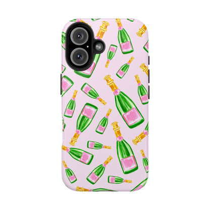 Tossed Pink and Green Watercolor Illustrated Champagne Bottles Pattern Blush Pink Tough Phone Case | Various Models