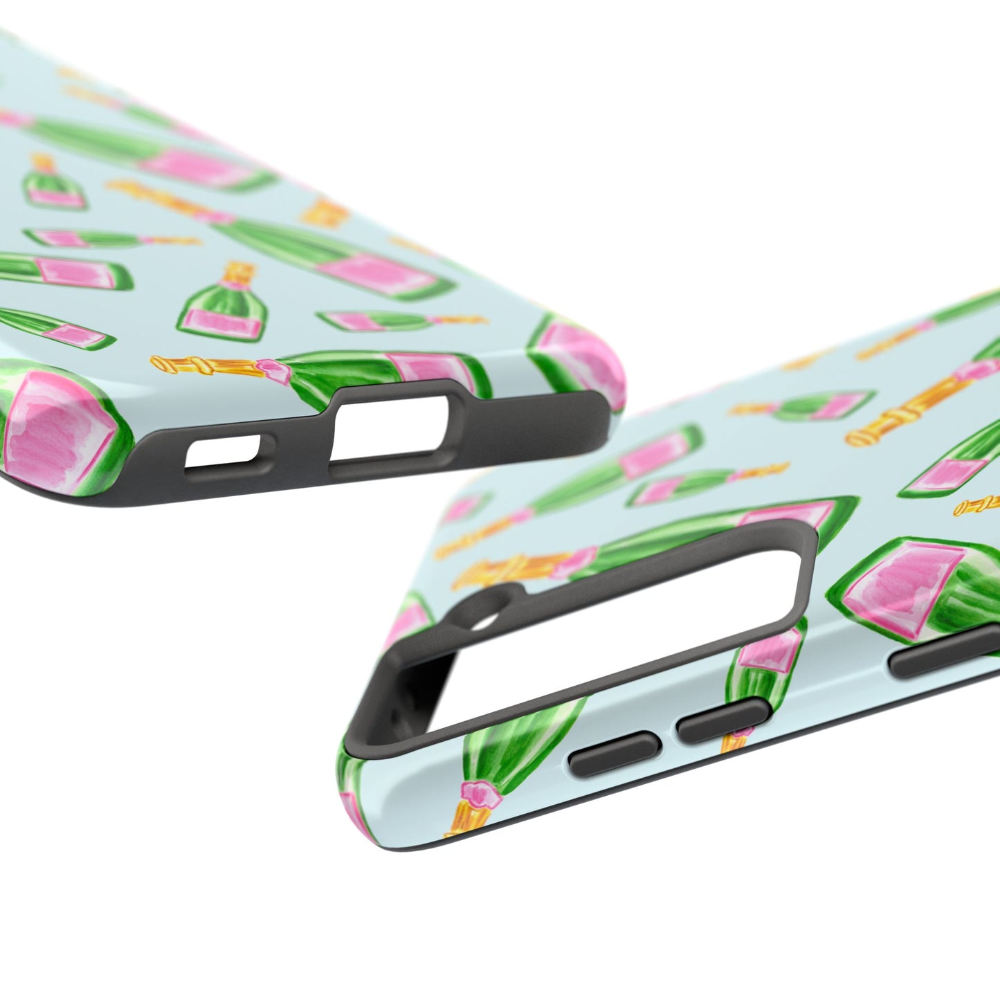 Tossed Pink and Green Watercolor Illustrated Champagne Bottles Pattern Light Blue Tough Phone Case | Various Models