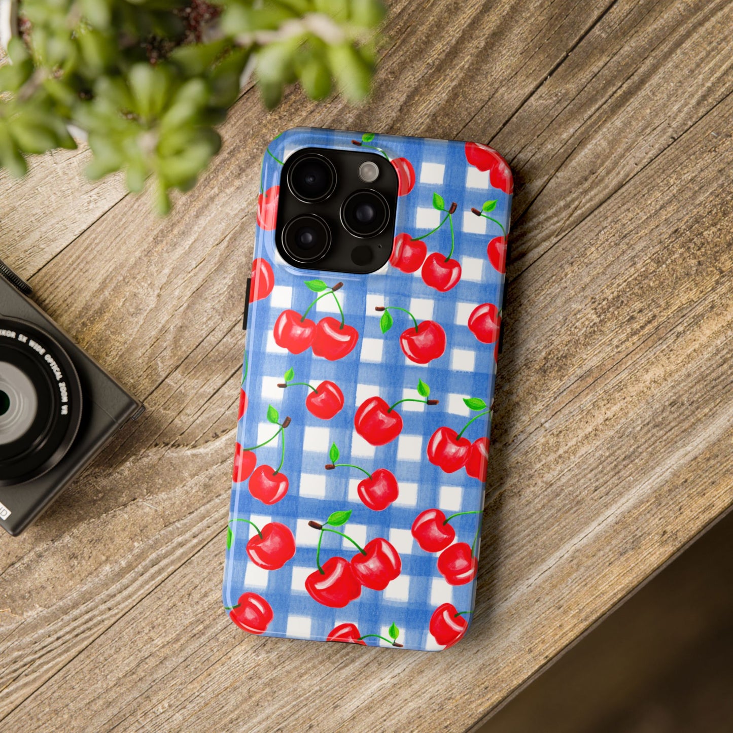 Tossed Red Watercolor Illustrated Cherries Light Blue Gingham Tough Phone Case | Various Models