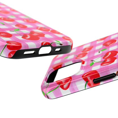 Tossed Red Watercolor Cherries Illustrated Pattern Light Pink Gingham Tough Phone Case | Various Models