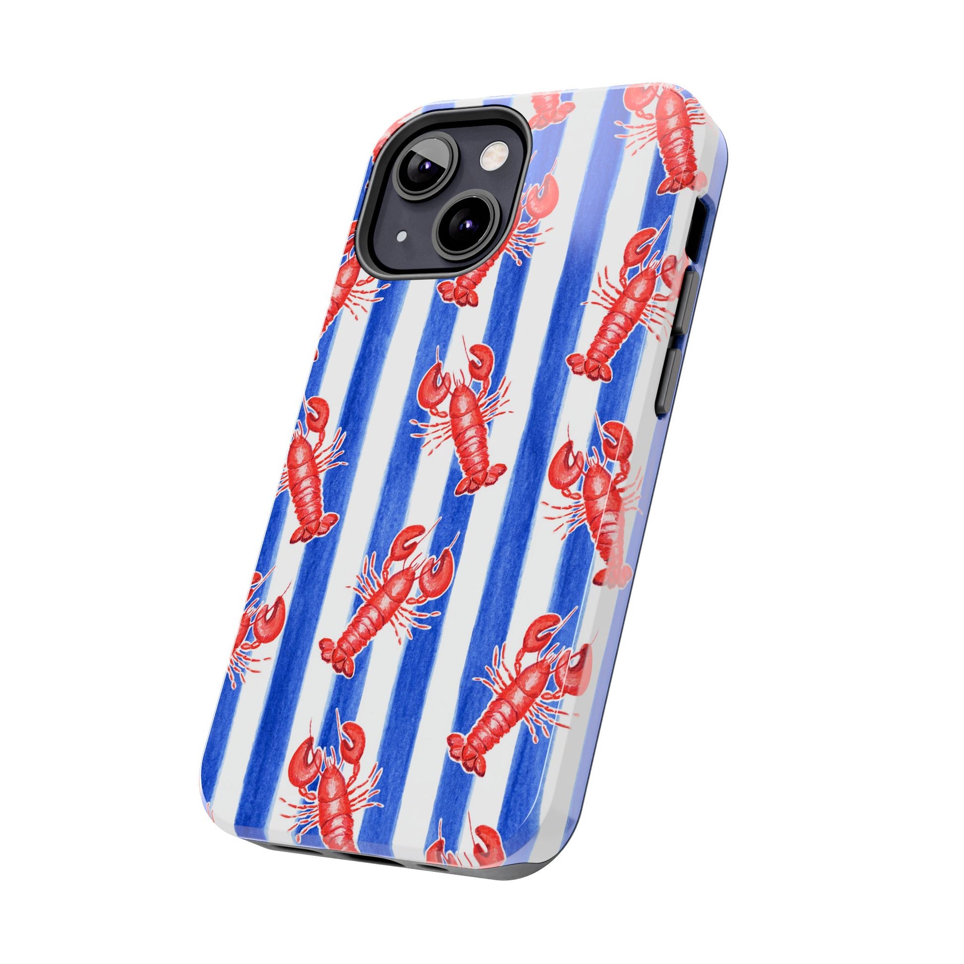 Blue & White Strip Red Lobster Watercolor Patterned Phone Case | Various Models