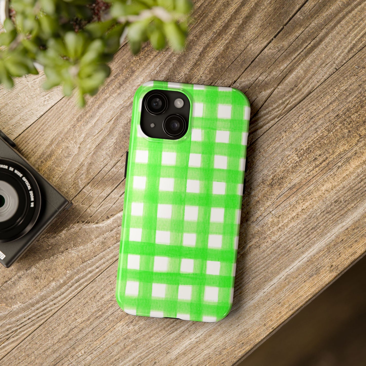 Lime Green Gingham Watercolor Illustrated Tough Phone Case | Various Models Available