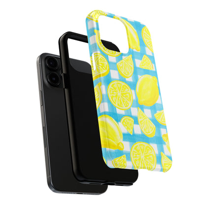 Yellow Lemons & Turquoise Gingham Watercolor Illustrated Tough Phone Case | Various Models Available