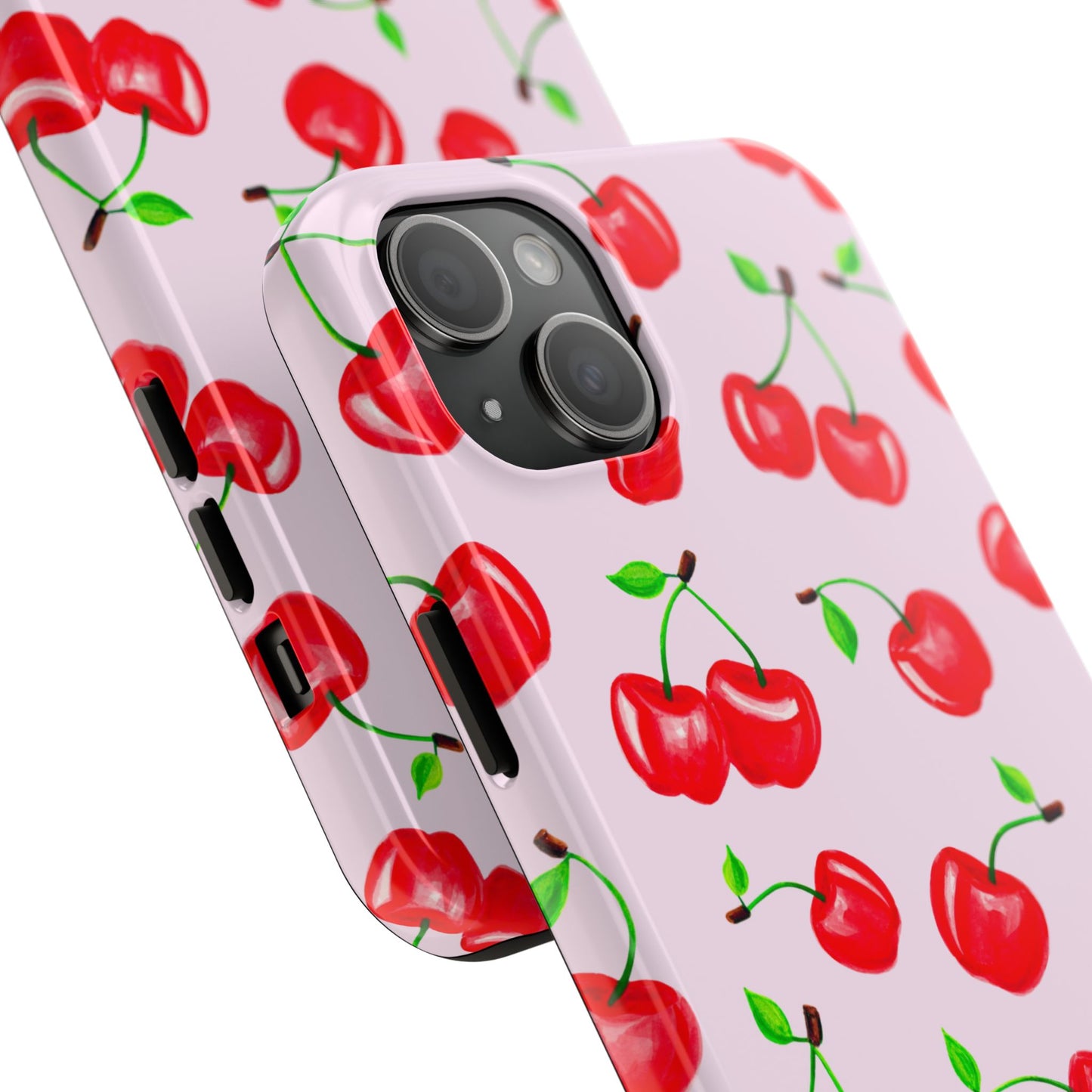 Tossed Red Watercolor Cherries Illustrated Pattern Light Pink Tough Phone Case | Various Models