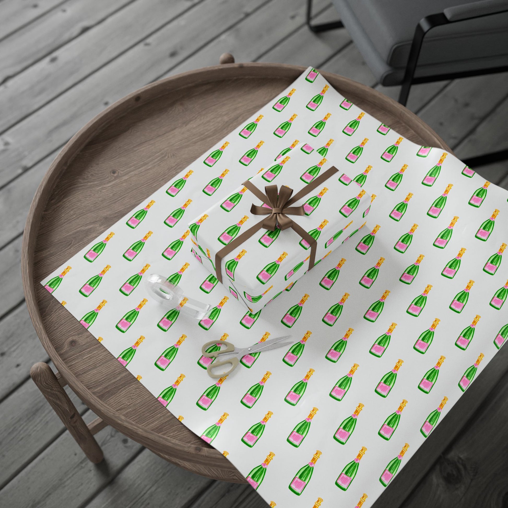 Gift Wrap | White Watercolor Pink & Green Champagne Bottles Pattern | Matte or Glossy
