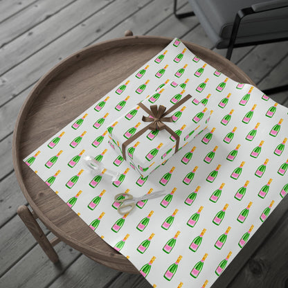 Gift Wrap | White Watercolor Pink & Green Champagne Bottles Pattern | Matte or Glossy