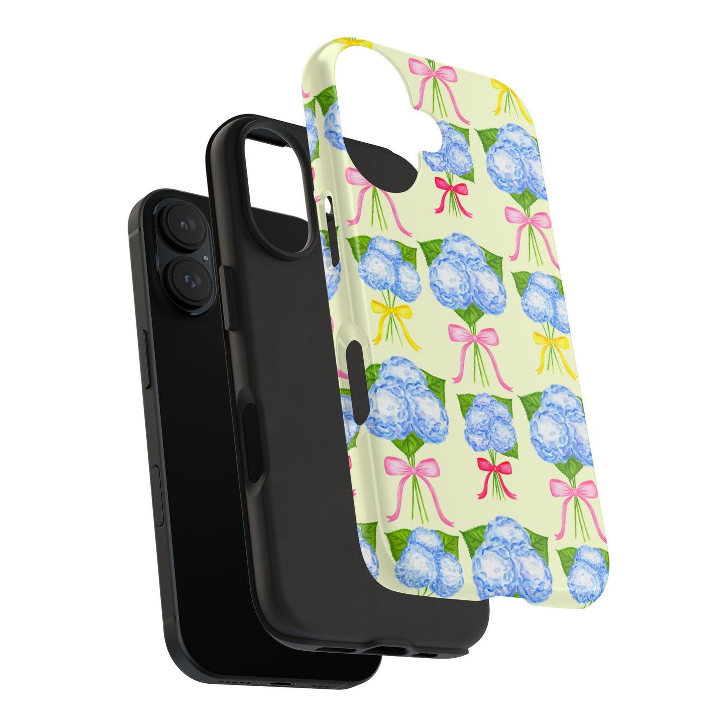 Blue Hydrangeas with Hot Pink, Yellow, Light Pink Bows Watercolor Illustrated Patterned Light Yellow Tough Phone Case | Various Models
