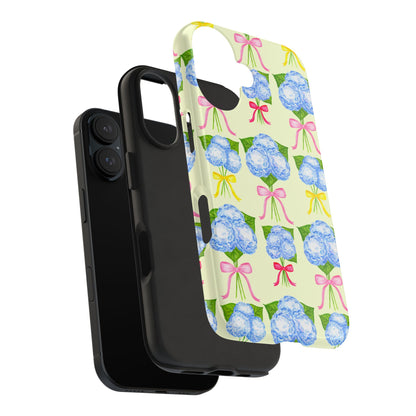 Blue Hydrangeas with Hot Pink, Yellow, Light Pink Bows Watercolor Illustrated Patterned Light Yellow Tough Phone Case | Various Models