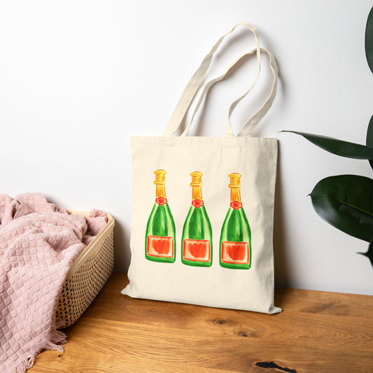 Canvas Tote | Trio Orange & Green Watercolor Champagne Bottle Farmers Market Tote | Cocktail Bachelorette Gift Hostess