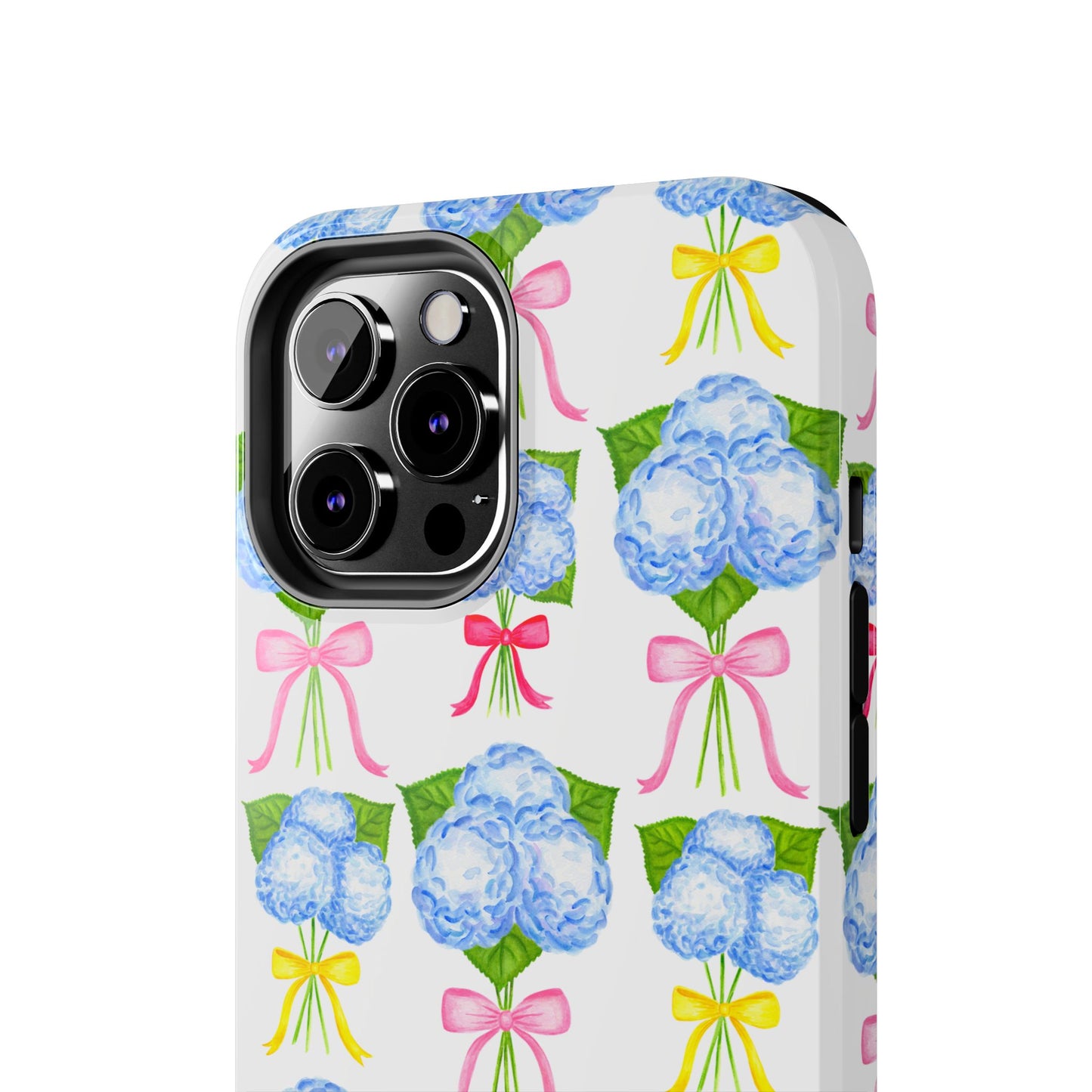 Blue Hydrangeas with Hot Pink, Yellow, Light Pink Bows Watercolor Illustrated Patterned Tough Phone Case | Various Models