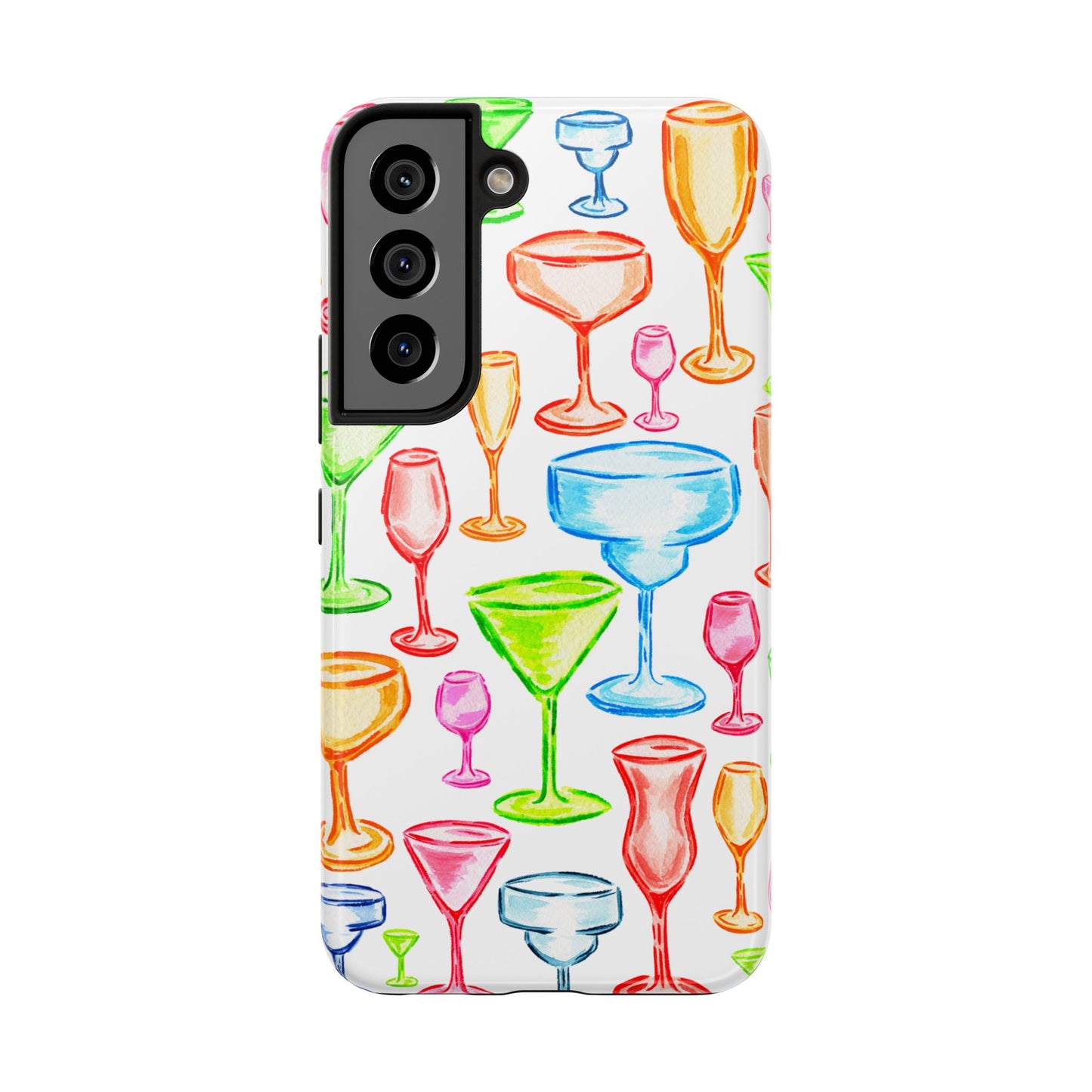 Monochromatic Margarita, Wine, Martini, and Champagne Flute Cocktail Glasses Watercolor Illustrated Tough Phone Case | Various Models Available