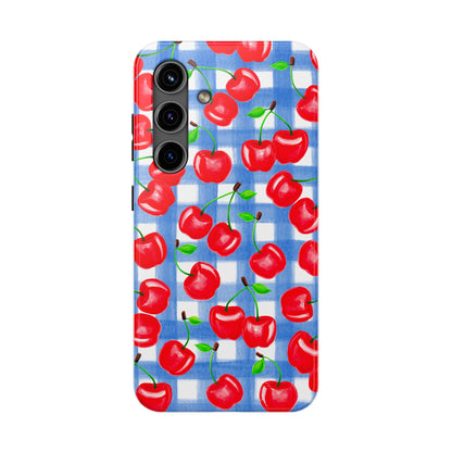 Tossed Red Cherries Blue Gingham Checkered Watercolor Illustrated Tough Phone Case | Various Models