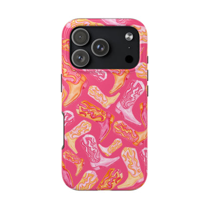 Tossed Hot Pink & Orange Watercolor Cowboy Boots Hot Pink Tough Phone Cases | Various Models iPhone 17 Pro