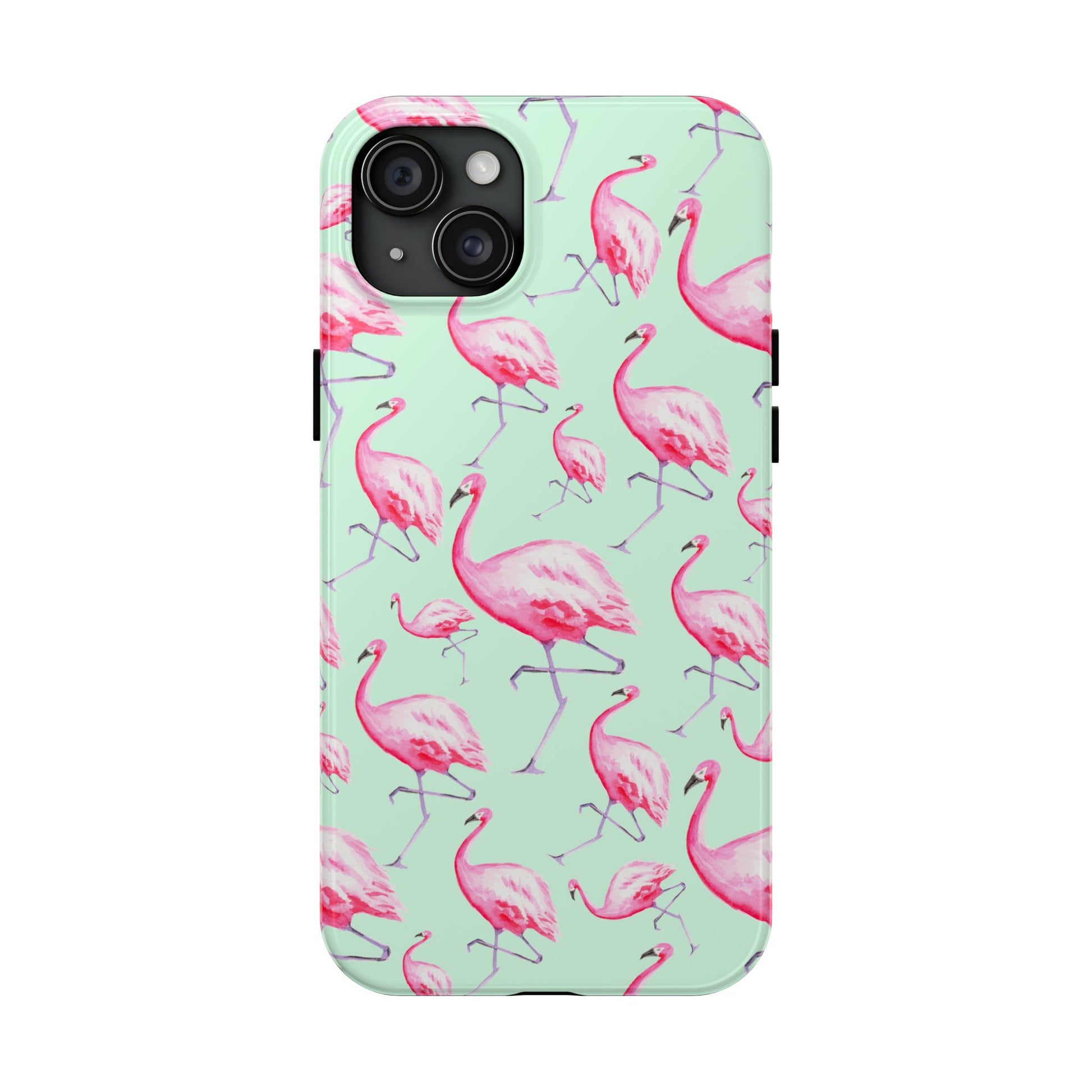 Pink Flamingos Watercolor Illustrated Tossed Pattern Green Phone Case | Various Models iPhone 15 Plus