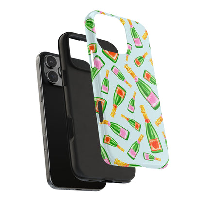 Tossed Pink and Green & Orange and Green Watercolor Illustrated Champagne Bottles Pattern Light Blue Tough Phone Case | Various Models