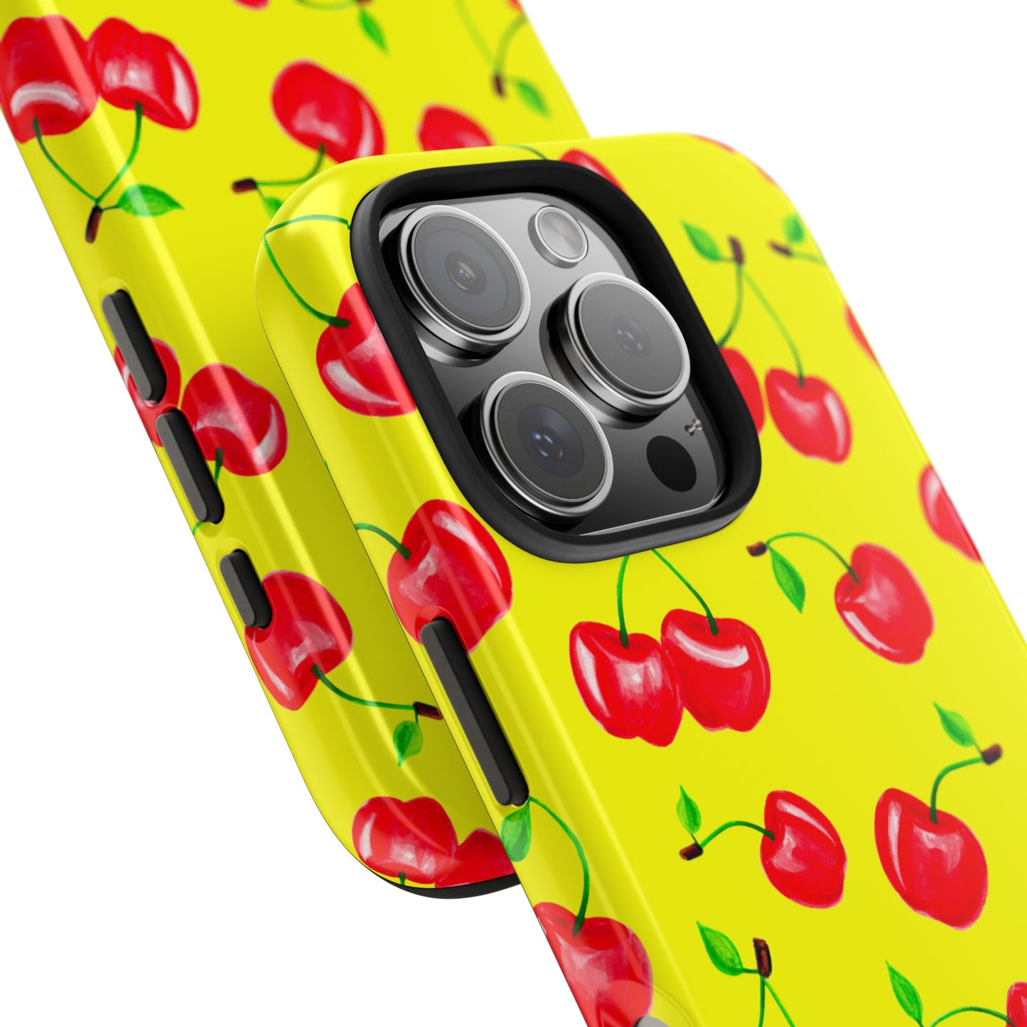 Tossed Red Watercolor Cherries Illustrated Pattern Bright Yellow Tough Phone Case | Various Models