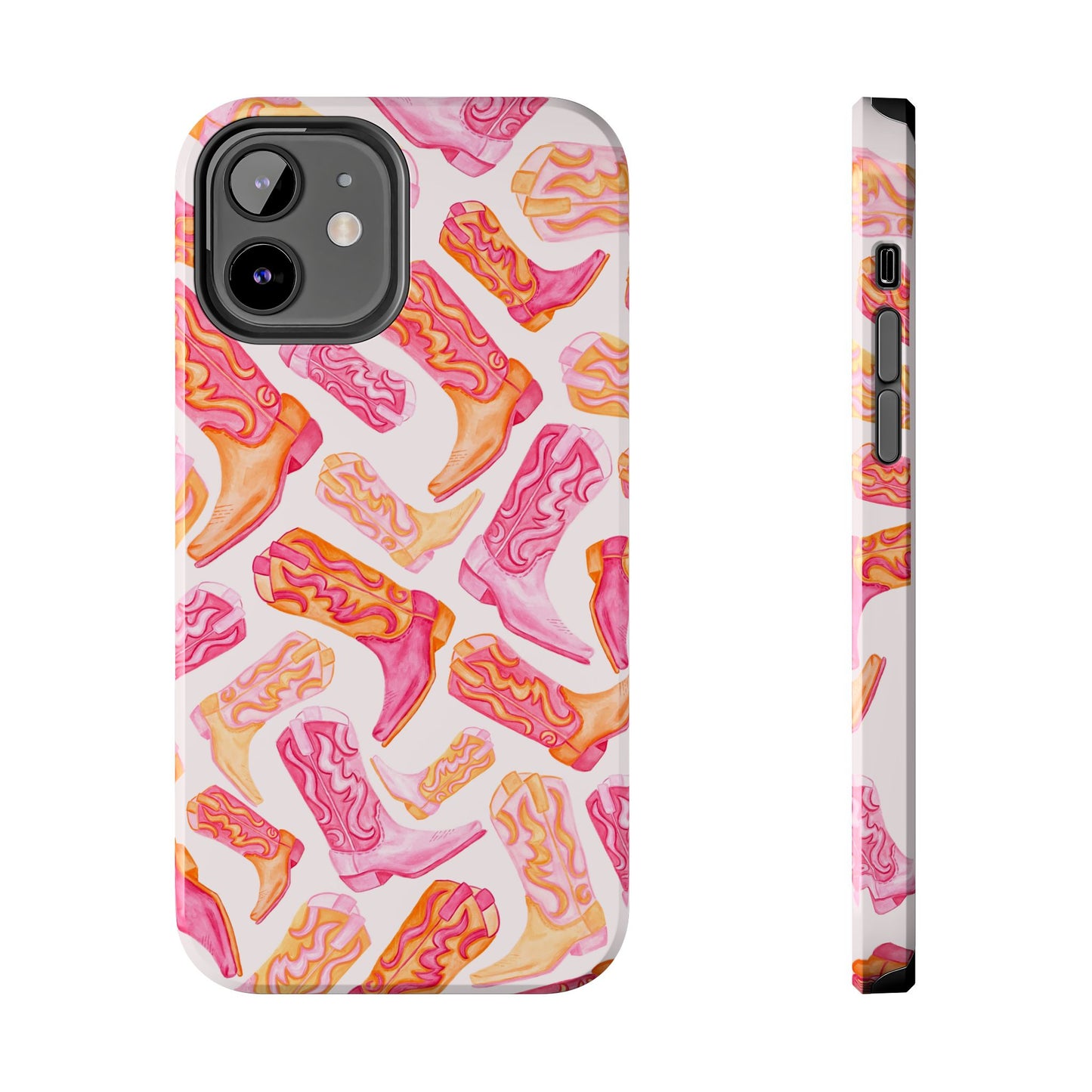 Tossed Hot Pink & Orange Watercolor Cowboy Boots Tough Light Pink Phone Case | Various Models Available iPhone 12