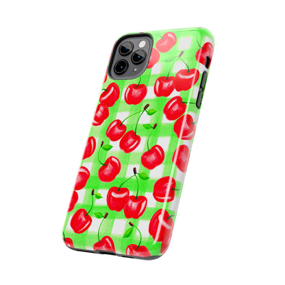 Red Tossed Cherries Green Gingham Watercolor Illustrated Tough Phone Case | Various Models Available
