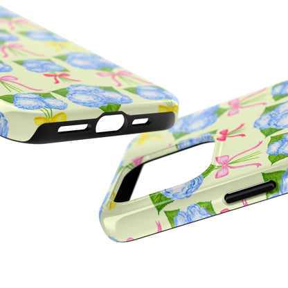 Blue Hydrangeas with Hot Pink, Yellow, Light Pink Bows Watercolor Illustrated Patterned Light Yellow Tough Phone Case | Various Models